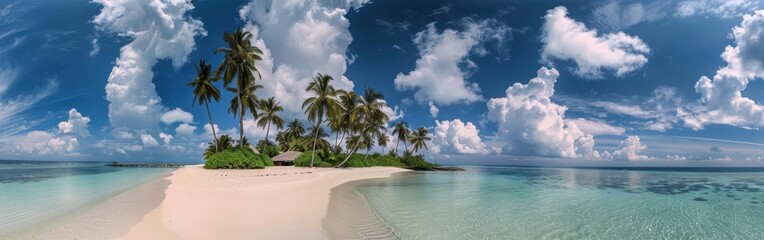 Fototapeta premium A panoramic view of a tropical island with palm trees and a white sandy beach. The island is surrounded by crystal clear turquoise water and there are fluffy white clouds in a bright blue sky. This id