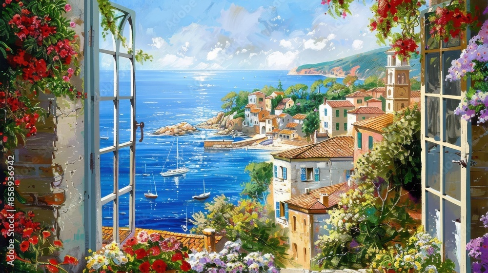Poster a painting of a beach with a view of a town and a boat. the painting is full of color and has a peac