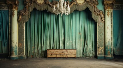 Fototapeta premium Decrepit theater stage with tattered curtains, echoes of the past