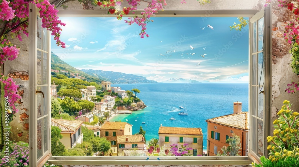 Poster a window view of a beach with a house and a boat in the water. the scene is peaceful and serene, wit