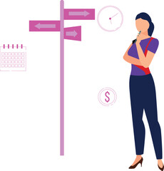 The female is thinking about direction boards.