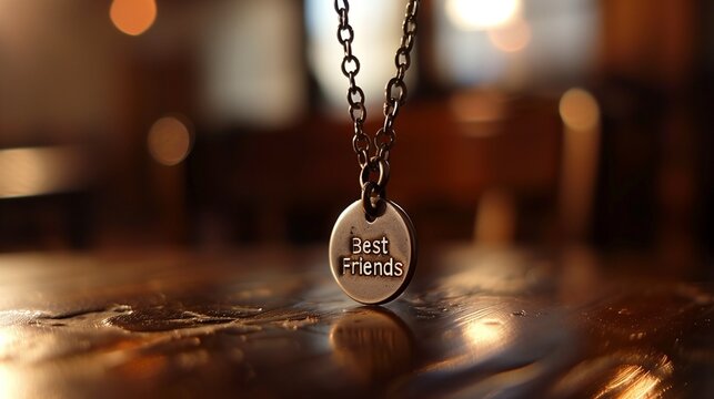 A friendship necklace with the text "Best Friends" dangling from the chain