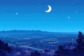 Fototapeta premium Nighttime Cityscape with a Crescent Moon