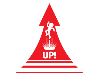 上向きの赤い矢印とジャンプをする人物のシルエット