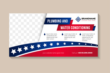 plumbing and water conditioning social media post banner design template. horizontal vector illustration web page with space for photo collage. combination between blue and red on element background.