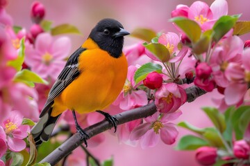 Fototapeta premium Bird Perched on Apple Blossom Branch
