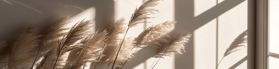 Obraz premium Neutral Pampas Grass, Dried, Pastel, Aesthetic Decor on Beige Background, Generated by AI