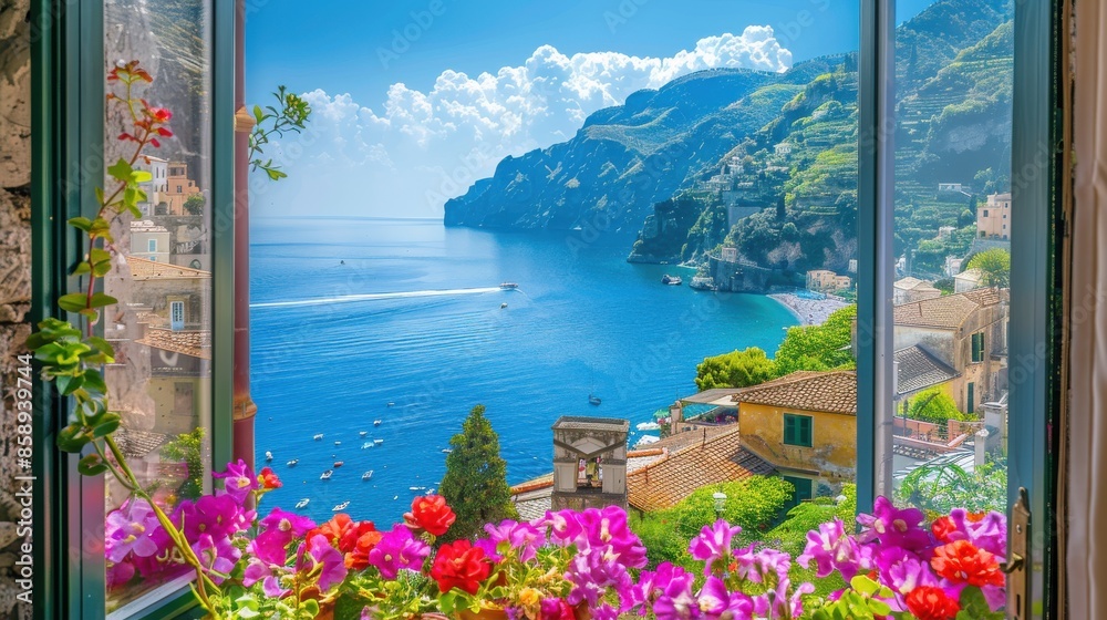 Poster a view of a beautiful ocean with a boat in the water. the boat is in the middle of the water and is 