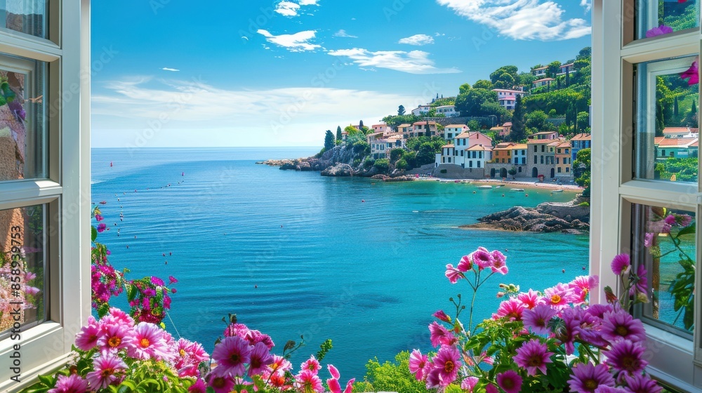 Poster A view of a beautiful blue ocean with a small town in the background. The water is calm and the sky is clear. The flowers in the window add a touch of color and life to the scene