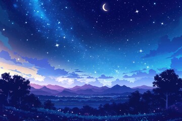 Night Sky with Stars and a Crescent Moon Above Silhouetted Mountains
