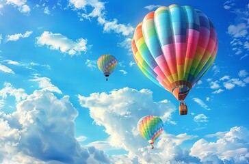 Fototapeta premium Hot Air Balloon Ride in blue sky white clouds background for wide banner of travel agency or adventure tour,Aerostat flying above clouds,International Balloon Fiesta.