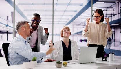 Workers At Workplace High Five. Office Collaboration