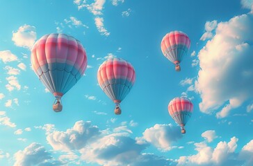 Naklejka premium Hot Air Balloon Ride in blue sky white clouds background for wide banner of travel agency or adventure tour,Aerostat flying above clouds,International Balloon Fiesta.