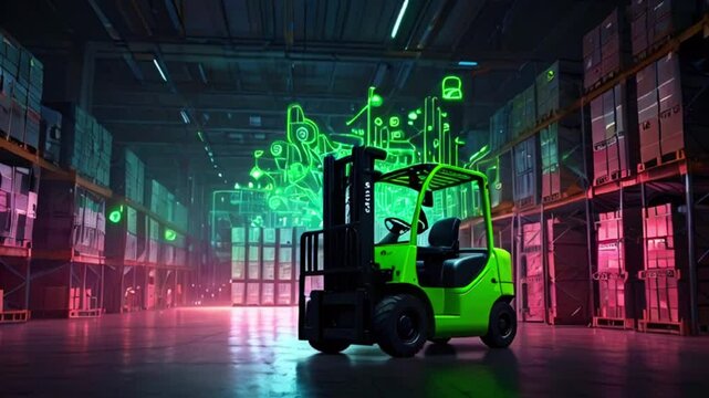 A green forklift is in a warehouse with shelves on all sides. There is a green and pink graphic of a forklift in the center.