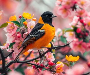 Fototapeta premium Baltimore Oriole on Apple Blossom Branch