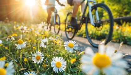 Romantic couple enjoying a bicycle ride along a narrow path surrounded by vibrant blooming flowers