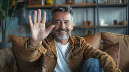 Obraz premium A middle-aged man with a beard sits on a couch in a home office. He is wearing a brown jacket, a white t-shirt, and blue jeans. He is smiling and waving his right hand at the camera. There is a booksh
