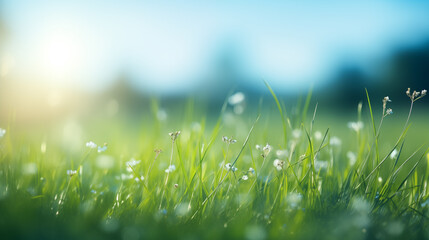 Obraz premium A fresh spring sunny garden background of green grass and blurred foliage bokeh.