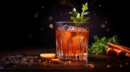 Food photography background - Healthy carrot juice in glass with splashes and carrots vegetables on dark table, Generative AI