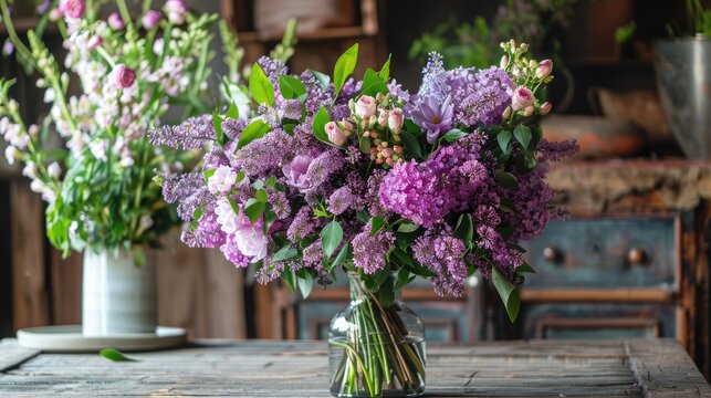 Beautiful lilac mattiola bouquet on wooden table delivered spring flowers