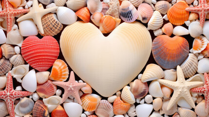Vacation summer holiday travel tropical ocean sea background square - Close up of heart, made of many seashells, isolated on white background, Generative AI