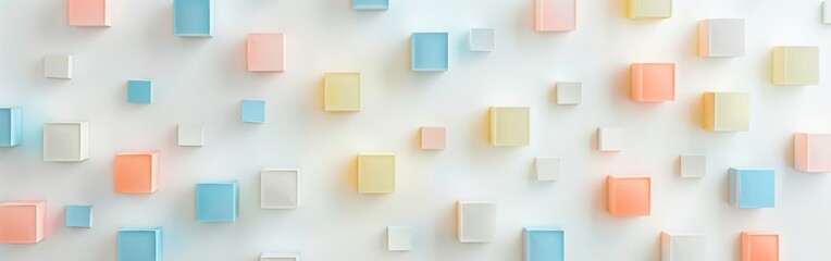 A colorful wall of cubes in various colors. The wall is white and the cubes are in different shades of pink, yellow, and blue
