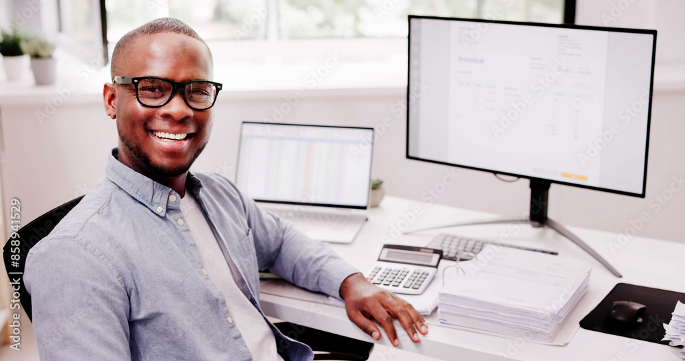 Poster Efficient accountant using calculator for tax accounts