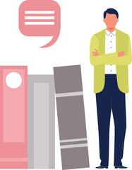 The boy is standing by the books.