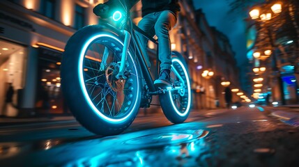 A man riding an electric bike with blue LED lights on the wheels captured in high resolution photography style. The bicycle is equipped with black and tealcolored cables while its front wheel has a