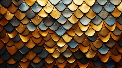 Gold motif tiles texture wall background banner panorama - Vintage retro geometric abstract cement tile with golden fish scales structure, Generative AI