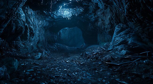 A dark cave with a light shining through.