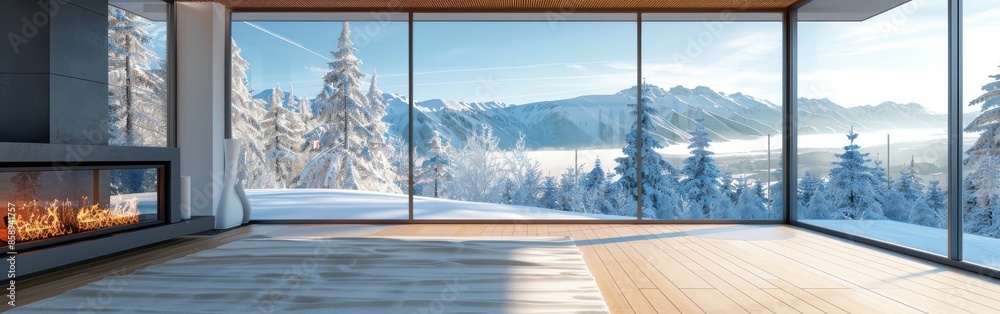 Poster a large, empty room with a fireplace and a large window overlooking a snowy mountain. the room is em
