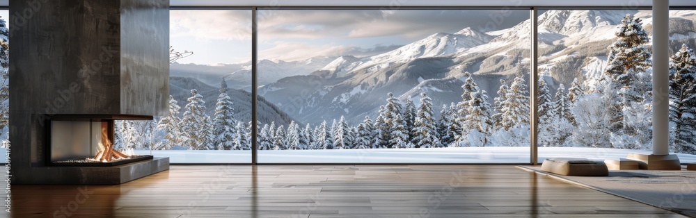 Poster A large fireplace is in the middle of a room with a view of snow-covered mountains. The room is empty and the fireplace is lit, creating a cozy atmosphere