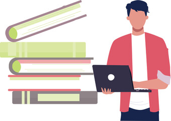 Boy working on books on laptop.