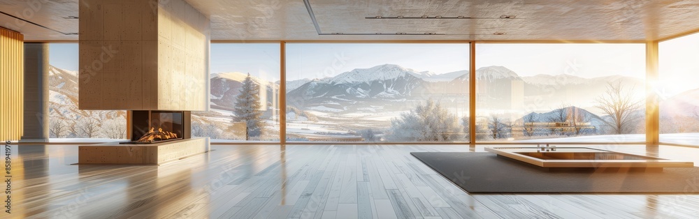 Poster a large open living room with a fireplace and a view of mountains. the room is very spacious and has