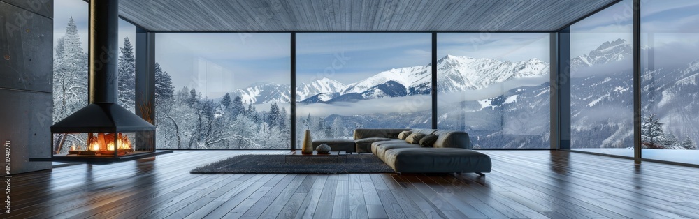 Poster a large living room with a fireplace and a view of the mountains. the room is decorated in a modern 