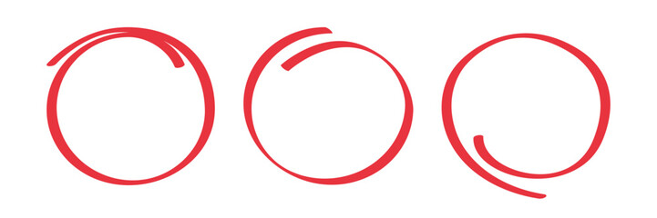 Set of red circle check. Buble for text, message. Hand drawn doodle shape. Highlight pencil or pen, brush. Vector illustration