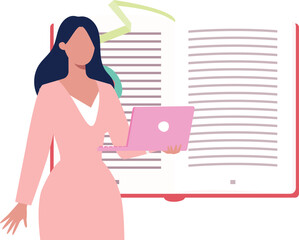 A girl is reading a book on laptop.