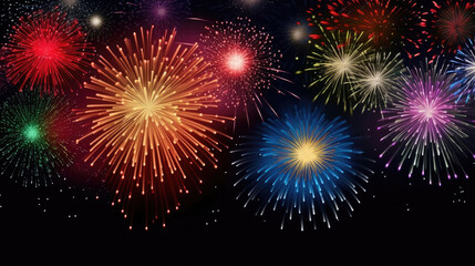 Fototapeta premium HAPPY NEW YEAR 2024 - Festive firework silvester New Year Eve Party background banner greeting card - Colorful fireworks pyrotechnics in the dark black night, Generative AI