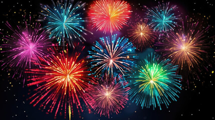 Fototapeta premium HAPPY NEW YEAR 2024 - Festive firework silvester New Year Eve Party background banner greeting card - Colorful fireworks pyrotechnics in the dark black night, Generative AI
