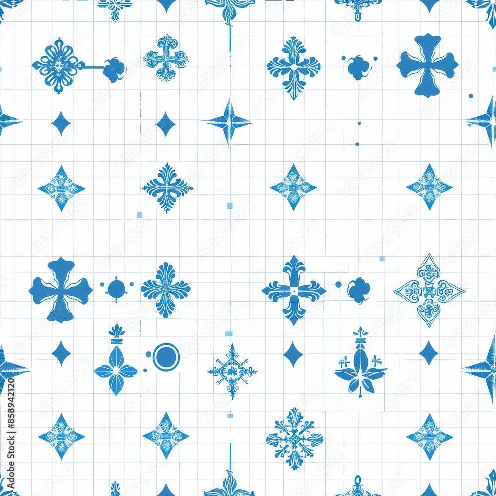 Poster this image features a seamless repeating pattern of blue floral motifs on a white background. the pa