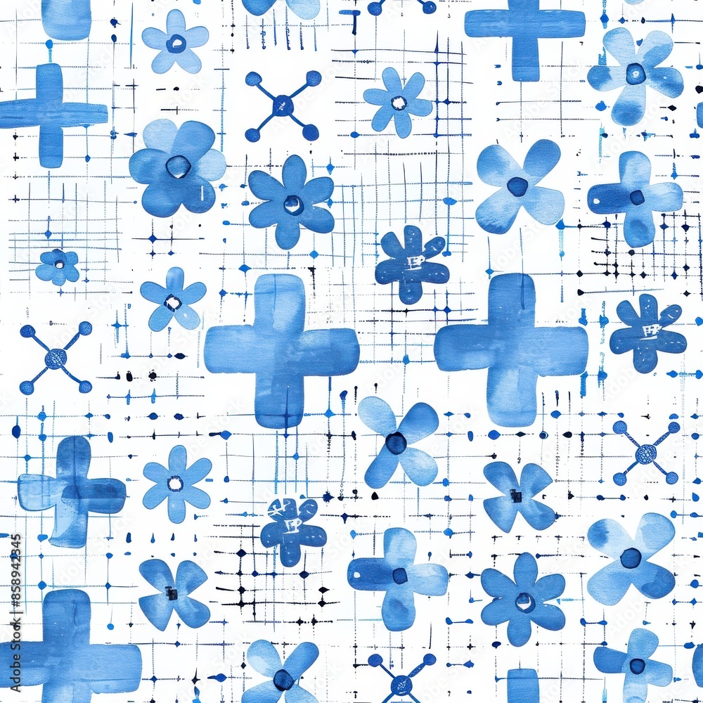 Poster this image shows a seamless pattern of watercolor painted blue flowers, plus signs, and a grid patte