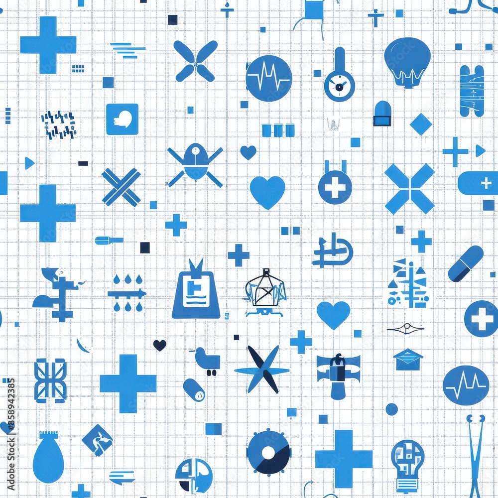 Poster An abstract pattern featuring various blue icons on a white background with a faint grid pattern. The icons represent a variety of themes, including medical, nature, and technology, adding a sense of 