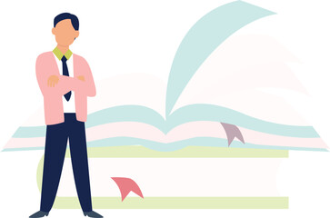 The boy is standing in front of the open book.