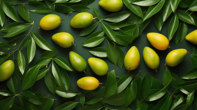 Creative food summer mangos fruits banner - Top view of many fresh ripe mango and tropical leaves, isolated on green background texture, Generative AI - Powered by Adobe