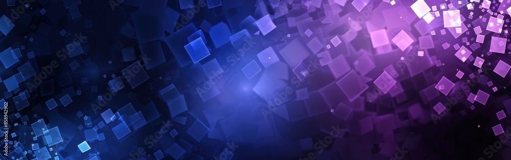 Poster A purple and blue background with many squares. The squares are of different sizes and are scattered throughout the background