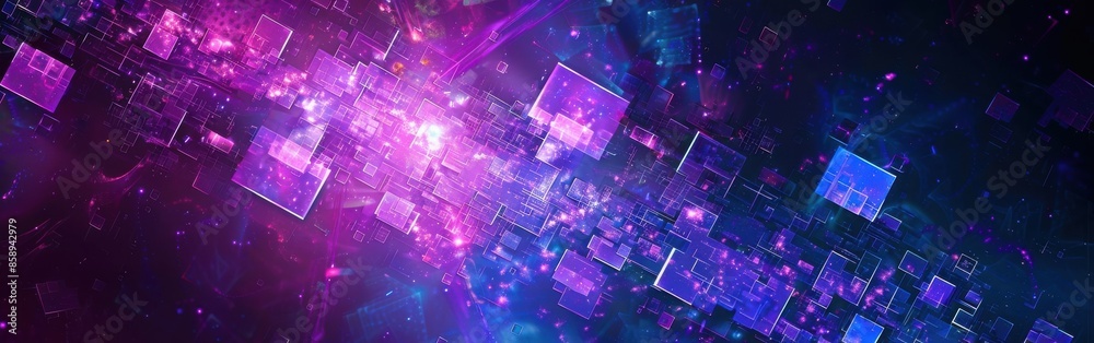 Poster A purple background with many small squares of different colors. The squares are arranged in a way that they look like they are floating in space. The image has a futuristic and abstract feel to it