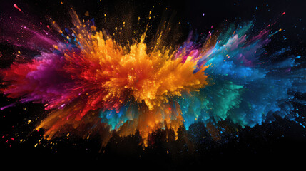 Fototapeta premium Abstract texture of exploding powder colorful multicolored rainbow color, isolated on black background, Generative AI