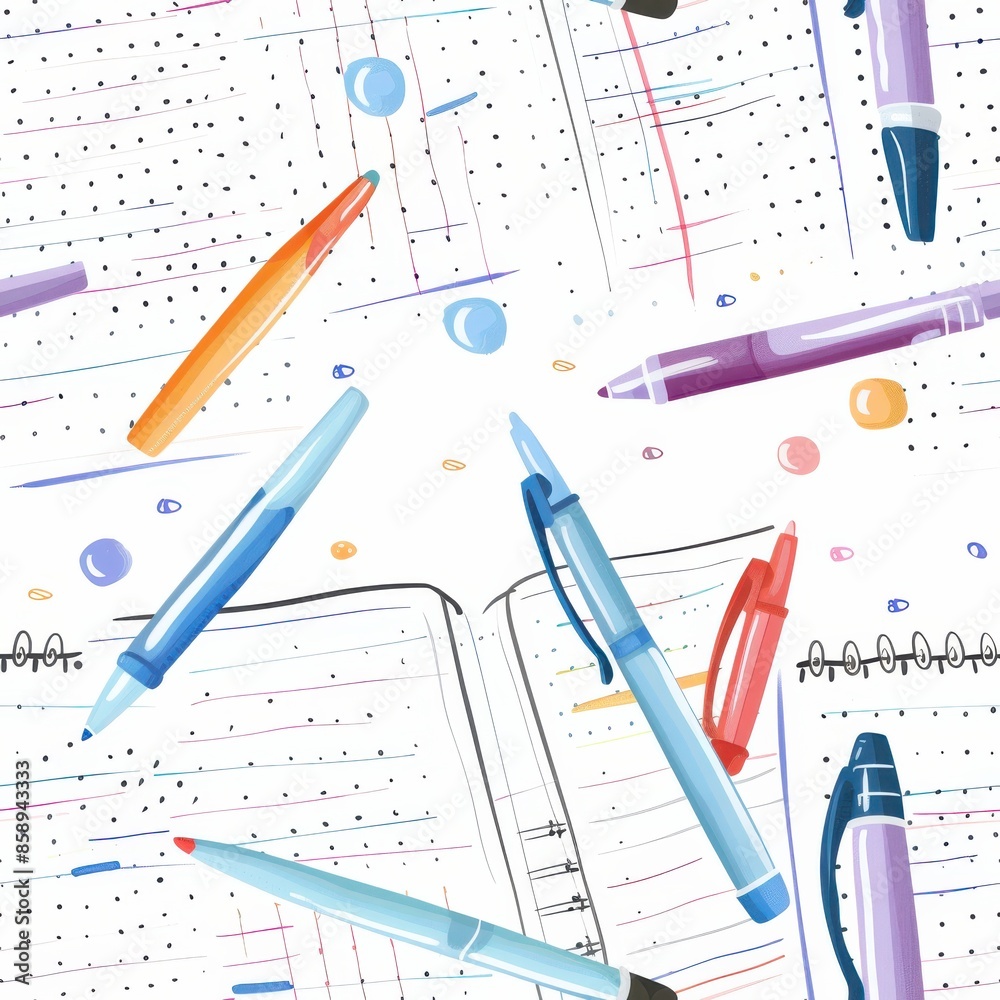 Poster a drawing of pens and pencils on a page with a white background. the pens and pencils are scattered 