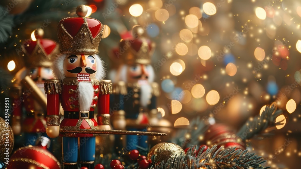 Poster A group of nutcrackers are standing on a tree branch with a red and gold nutcracker in the center